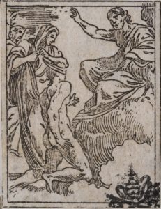 Le Parche conducono Agostino davanti al trono di Giove (da I funerali d'Agostino Carracci fatto in Bologna sua patria da gl'incamminati Accademici, Bologna, Benacci, 1603)